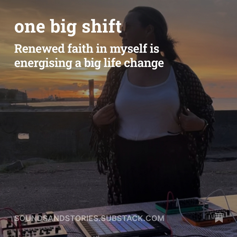 Picture of Sounds & Stories founder Hannah Brown at sunset preparing to play dawless music outdoors with the text 'one big shift: renewed faith in myself is energising a big life change'