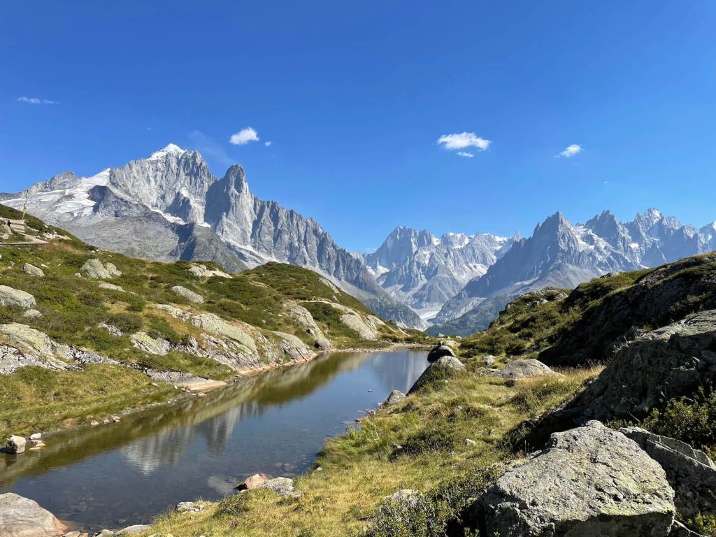 Image of lake and mountains in France on a blue-sky day