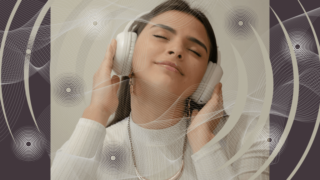 Woman listening to headphones with her eyes closed and sound wave graphics emanating outwards to symbolise the song ear worm effect