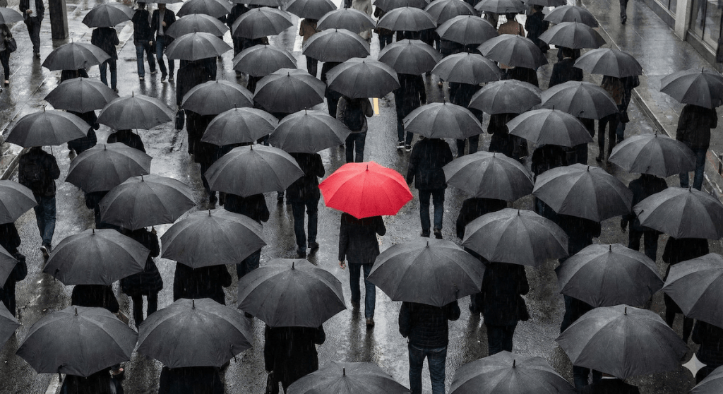Find your brand story to differentiate yourself: a person walking with a red umbrella in a sea of people with black umbrellas